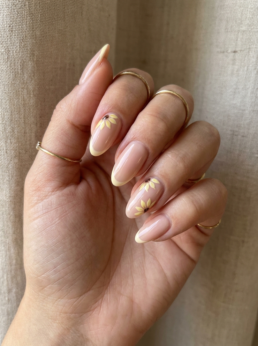 Sunflower Nails mit kleinen Sonnenblumen auf heller Basis